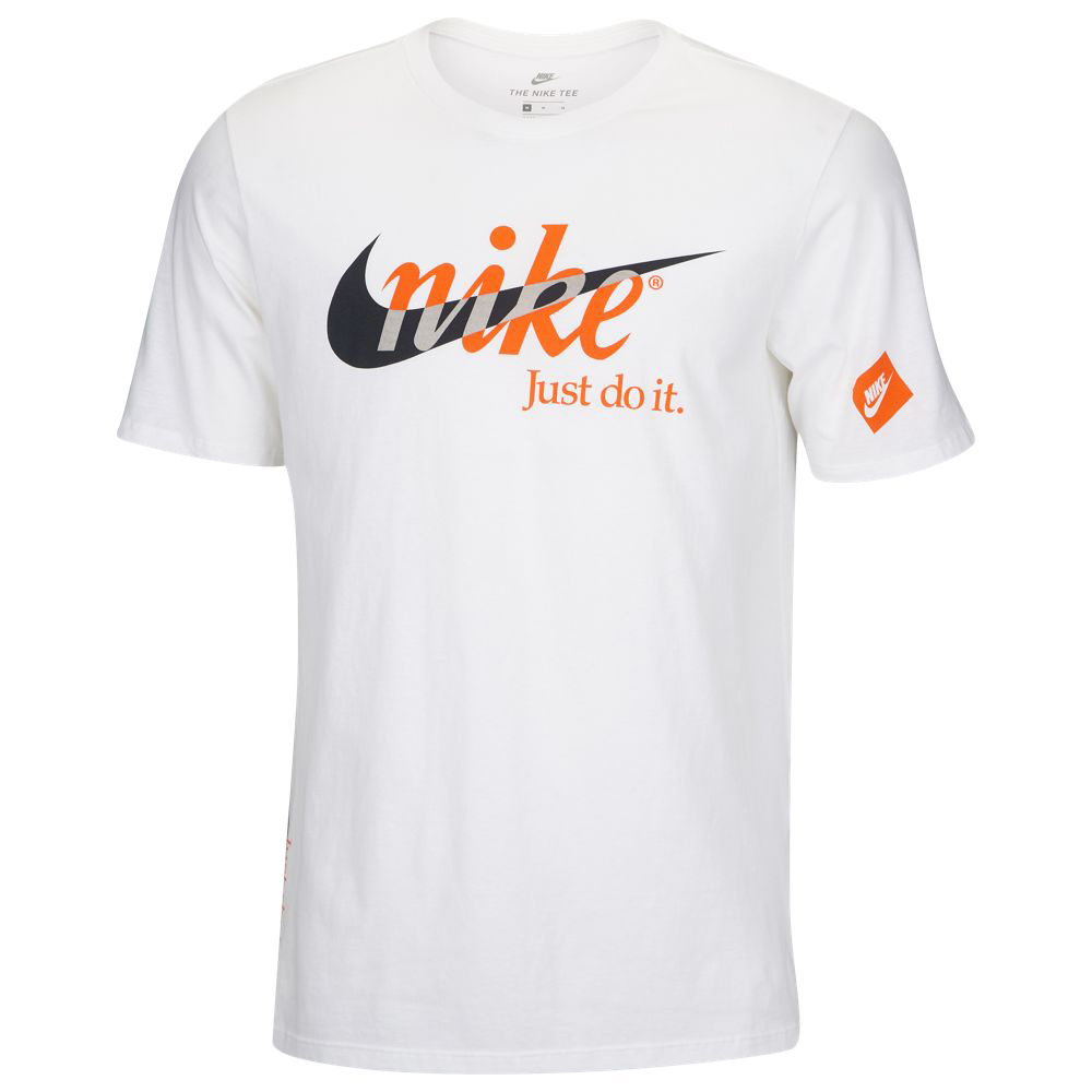white nike shirt with orange swoosh