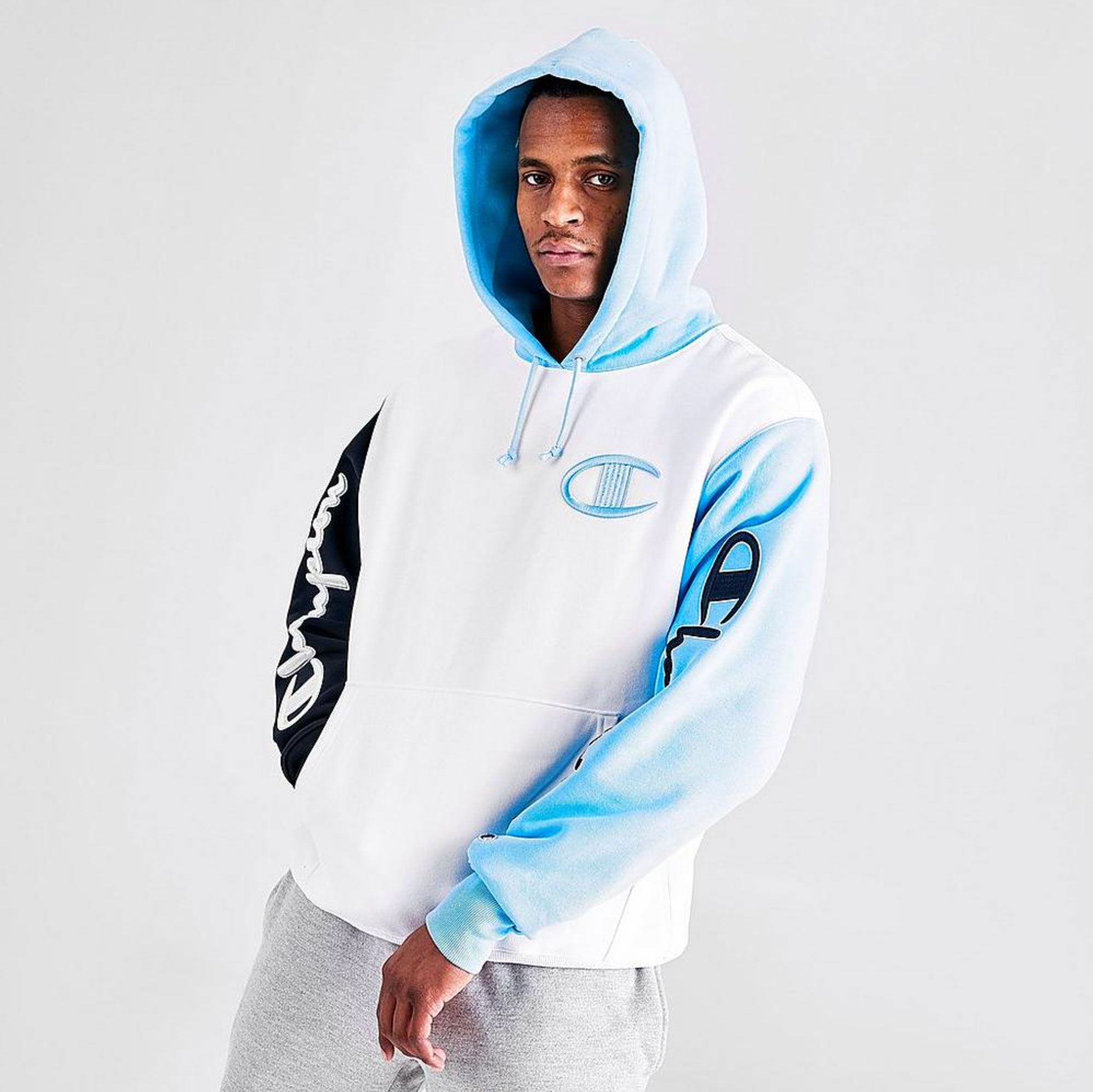 champion hoodie white and blue