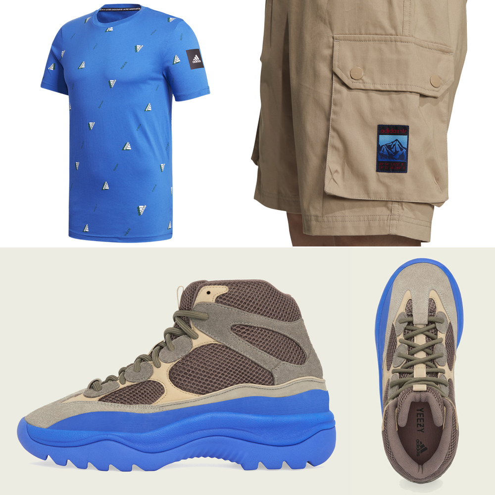 yeezy-desert-boot-taupe-blue-shirt-shorts-outfit