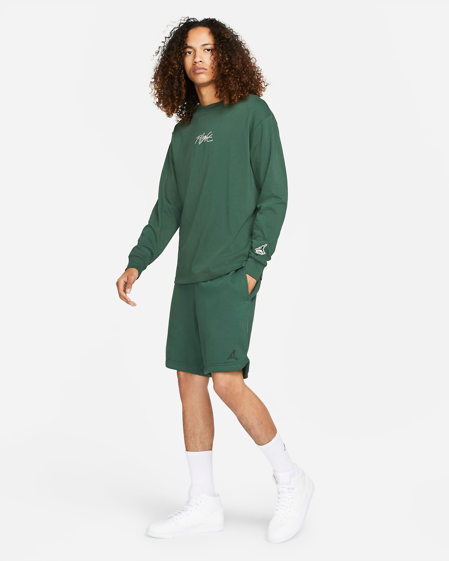 jordan-noble-green-essentials-fleece-shorts-shirt-outfit