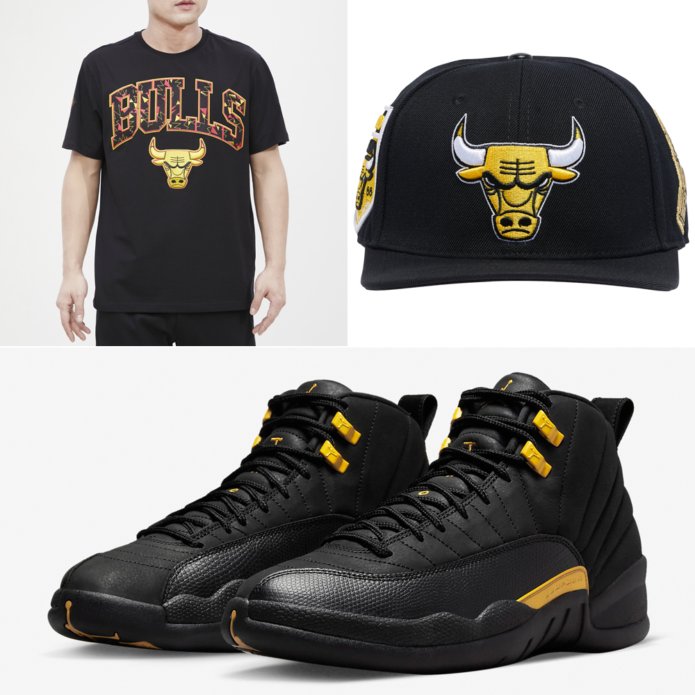 Air-Jordan-12-Black-Taxi-Bulls-Hat-Shirt-Outfit