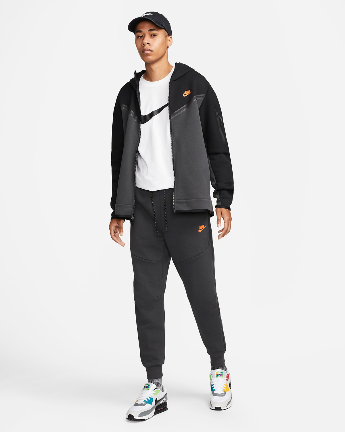Nike-Tech-Fleece-Hoodie-Pants-Black-Dark-Smoke-Grey-Safety-Orange