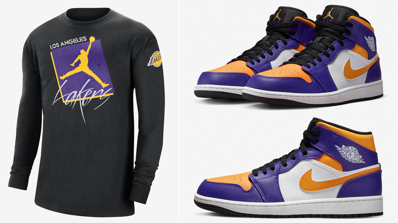 Air-Jordan-1-Mid-Lakers-Court-Purple-Taxi-Black-Shirt