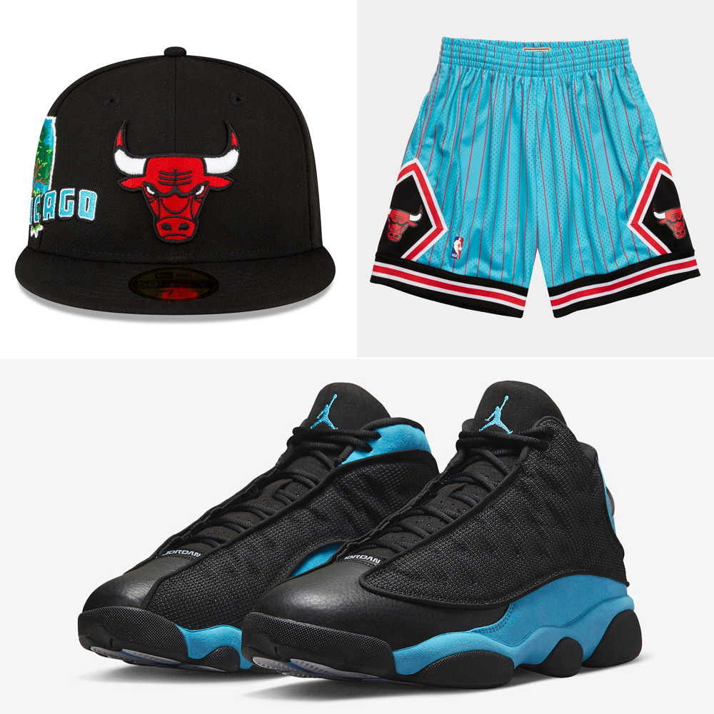 Air-Jordan-13-Black-University-Blue-Bulls-Hat-Shorts-Outfit