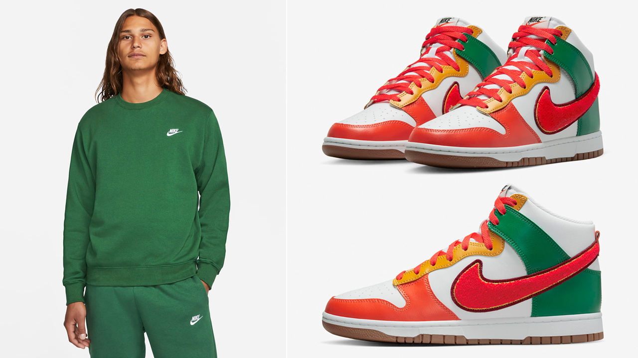 Nike-Dunk-High-Chenille-Swoosh-Habanero-Red-Malachite-Green-Matching-Clothing