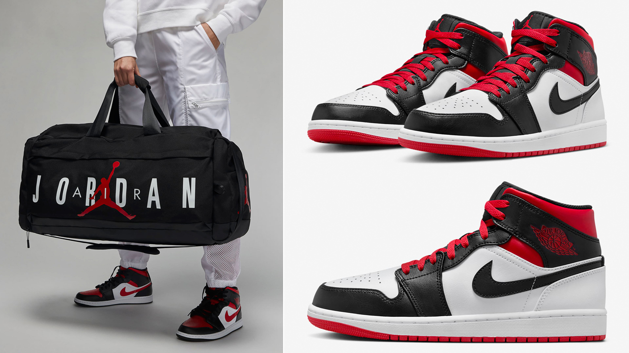 Air-Jordan-1-Mid-White-Black-Gym-Red-Duffle-Bag-Match