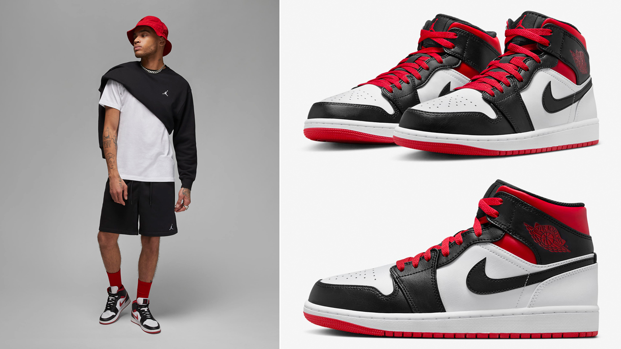 Air-Jordan-1-Mid-White-Black-Gym-Red-Shirt-Shorts-Hat-Outfit-Match