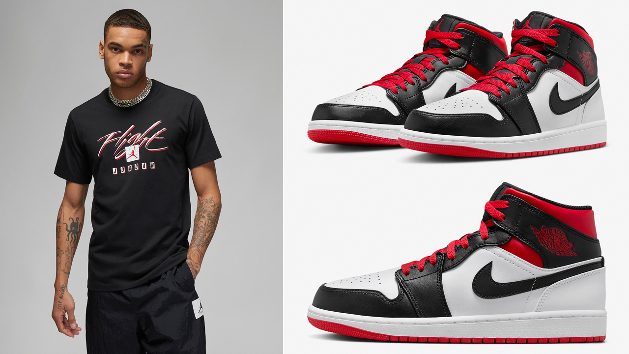 Air-Jordan-1-Mid-White-Black-Gym-Red-T-Shirt-Match
