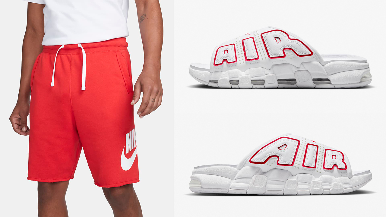 Nike-Air-More-Uptempo-Slides-White-University-Red-Fleece-Shorts-to-Match