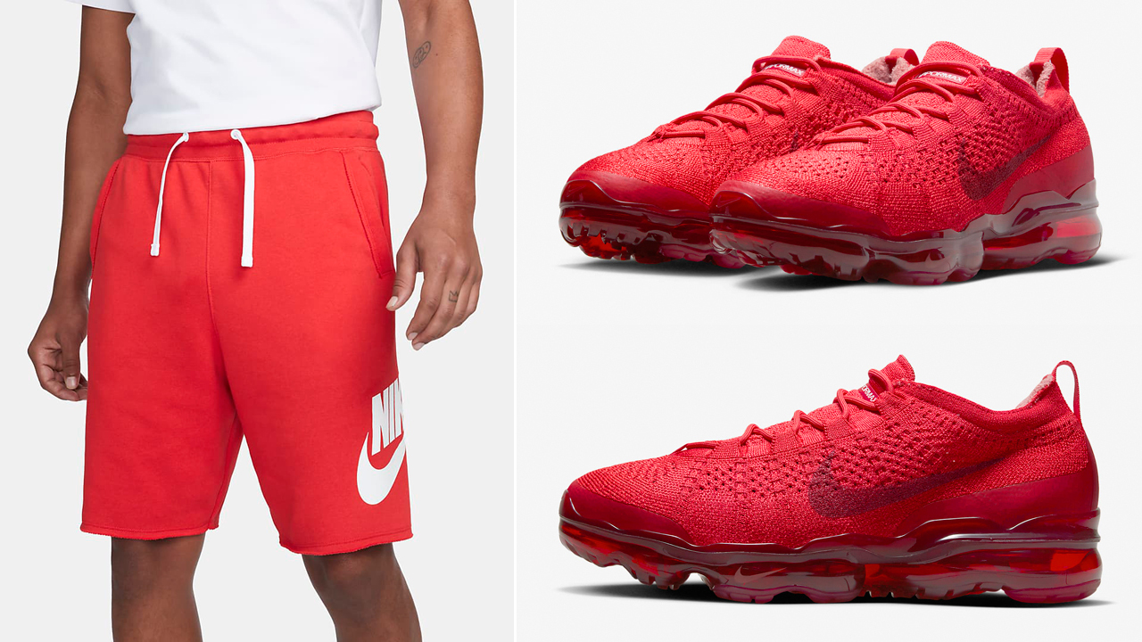 Nike-Air-VaporMax-2023-Flyknit-Track-Red-Fleece-Shorts-Match-Outfit