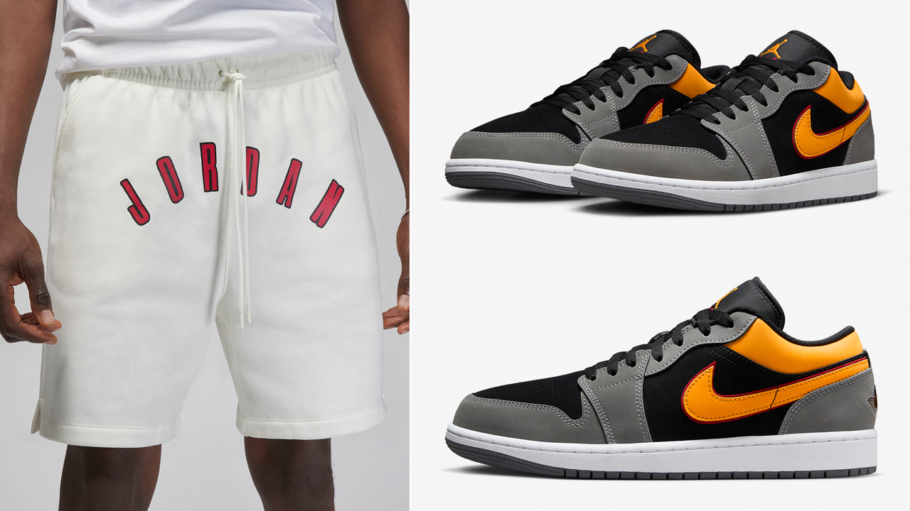 Air-Jordan-1-Low-Black-Light-Graphite-Cardinal-Red-Vivid-Orange-Shorts-Outfit