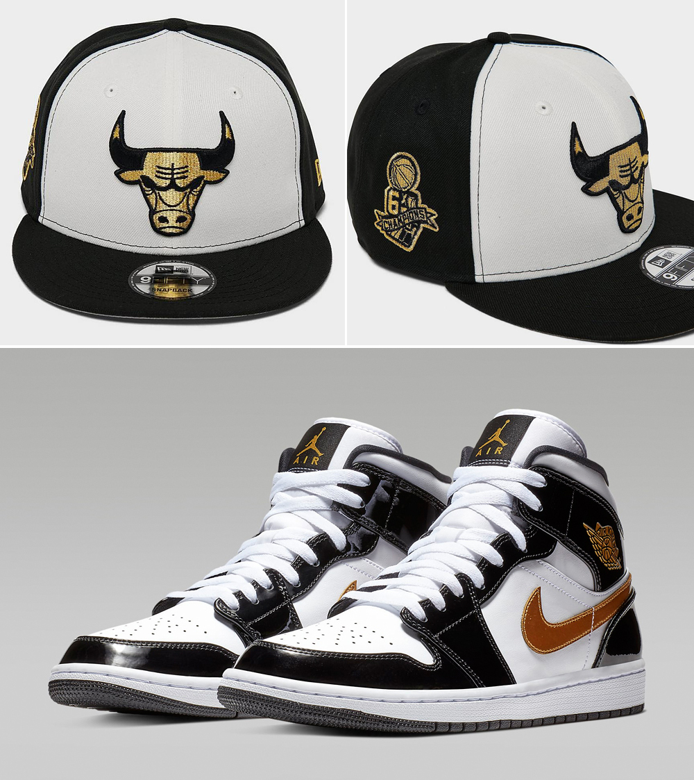 Air-Jordan-1-Mid-Patent-Black-Gold-Bulls-Hat