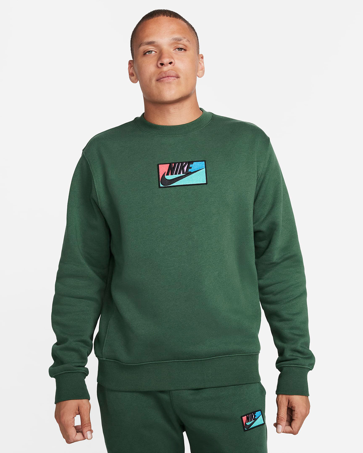 Nike-Club-Fleece-Patch-Crew-Sweatshirt-Fir-Green