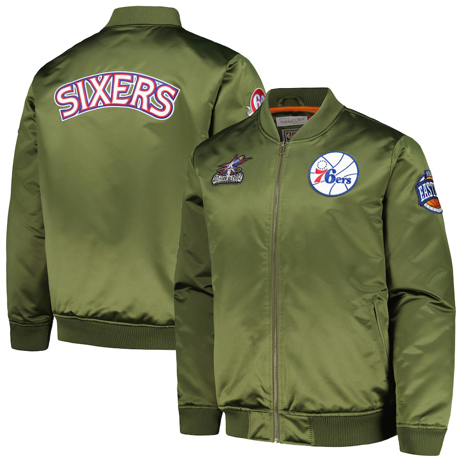 Philadelphia-76ers-Mitchell-Ness-Olive-Satin-Jacket