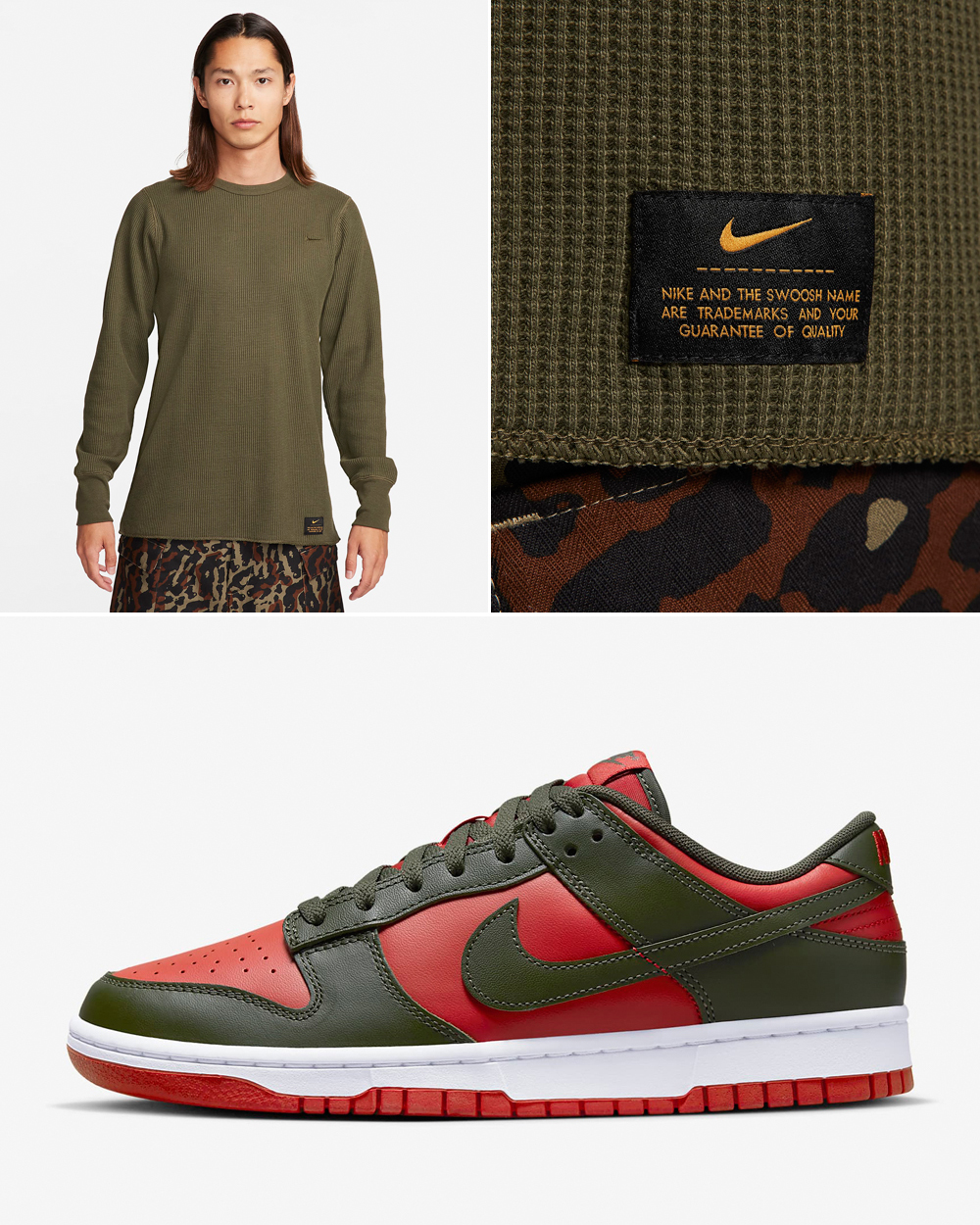 Nike-Dunk-Low-Mystic-Red-Cargo-Khaki-Long-Sleeve-Shirt-Matching-Outfit