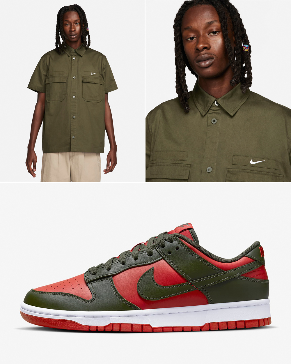 Nike-Dunk-Low-Mystic-Red-Cargo-Khaki-Shirt-Matching-Outfit