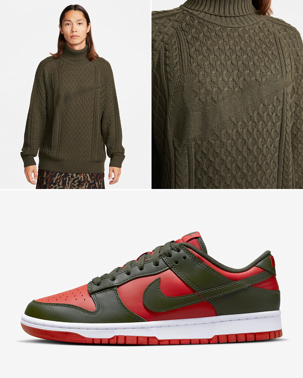 Nike Dunk Low Mystic Red Cargo Khaki Sweater Matching Outfit
