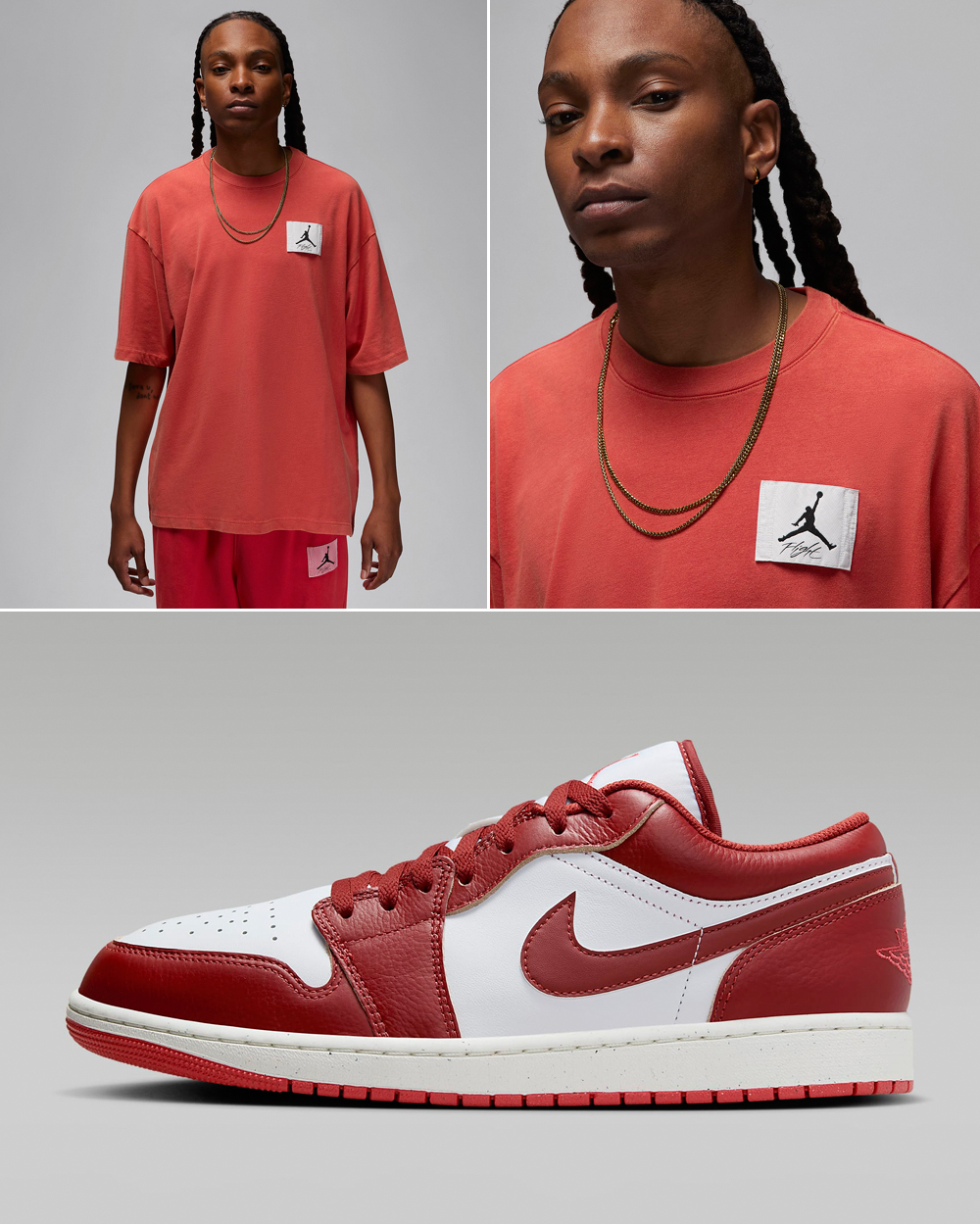 Air-Jordan-1-Low-SE-White-Lobster-Dune-Red-Shirt-Outfit