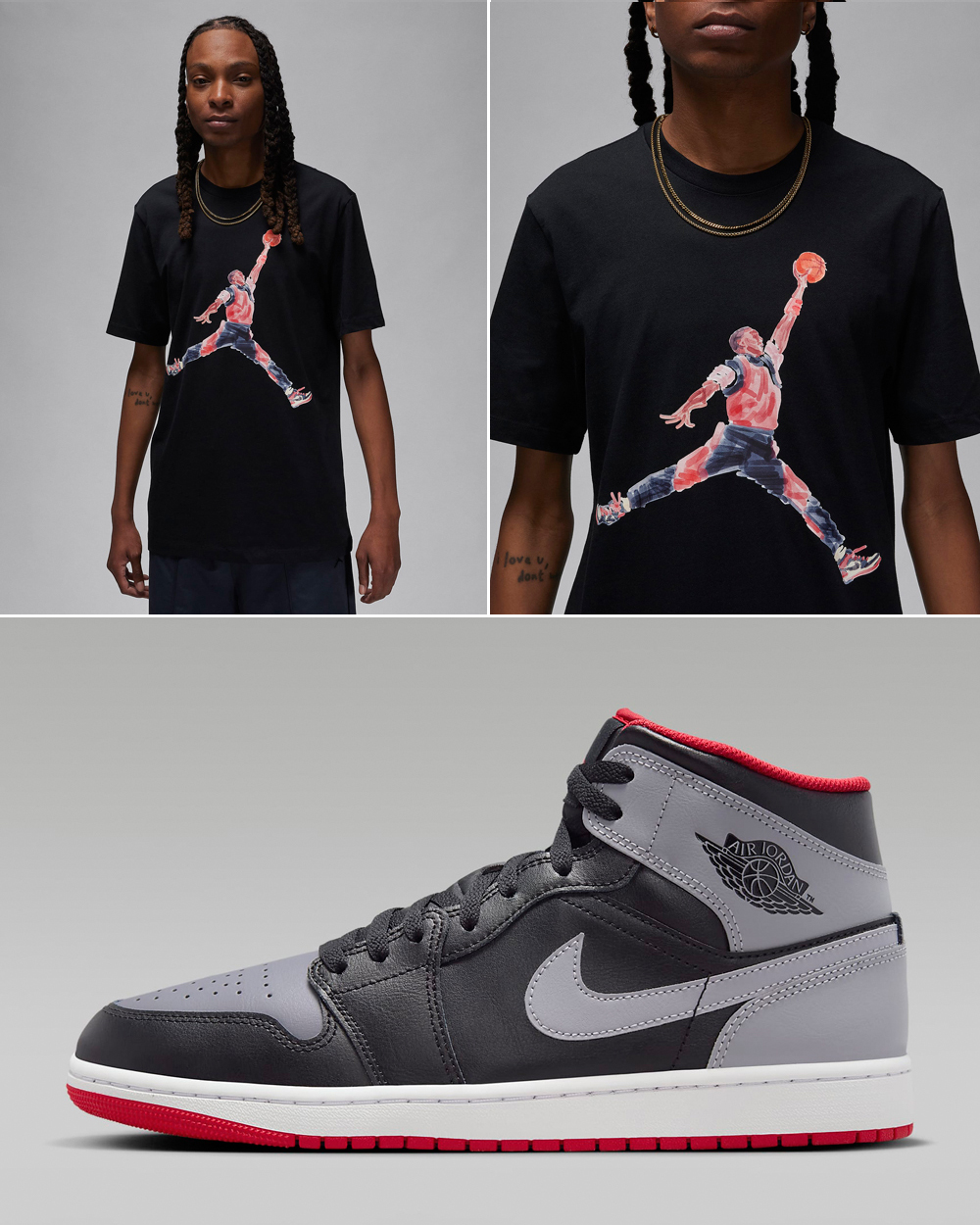 Air-Jordan-1-Mid-Black-Fire-Red-Cement-Grey-T-Shirt-Matching-Outfit