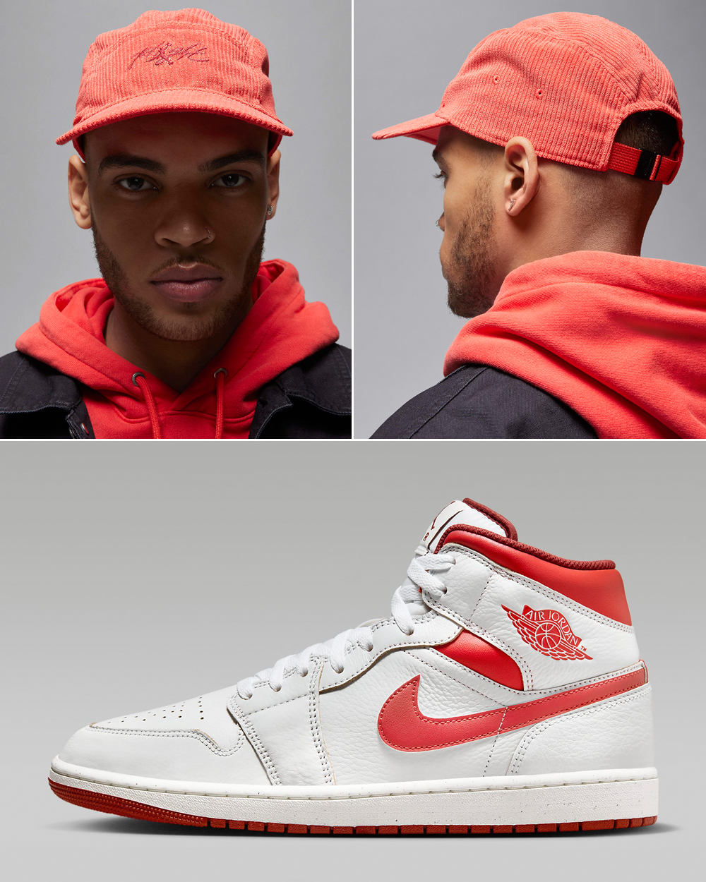 Air-Jordan-1-Mid-SE-White-Dune-Red-Lobster-Cap-Matching-Outfit