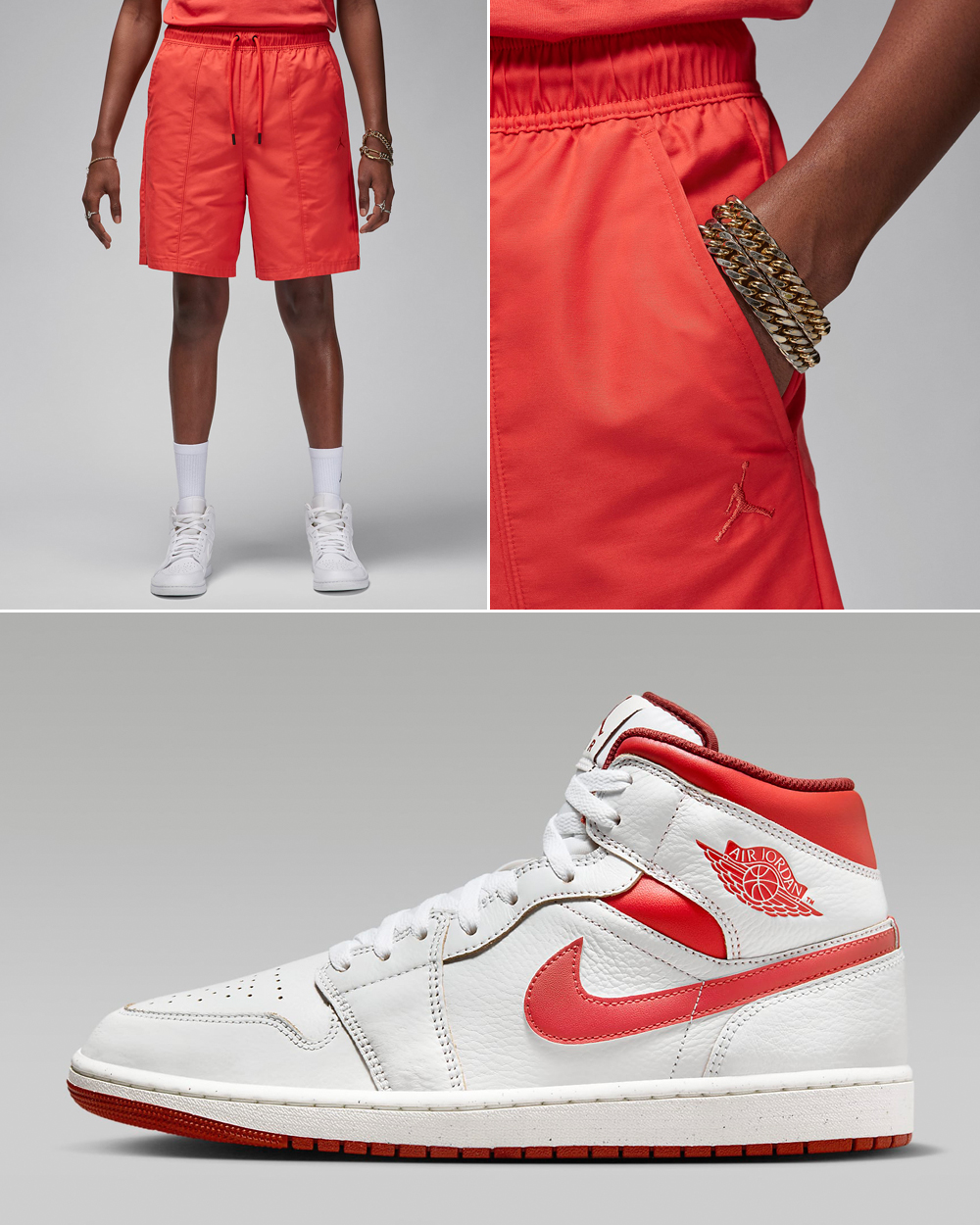 Air-Jordan-1-Mid-SE-White-Dune-Red-Lobster-Shorts-Matching-Outfit