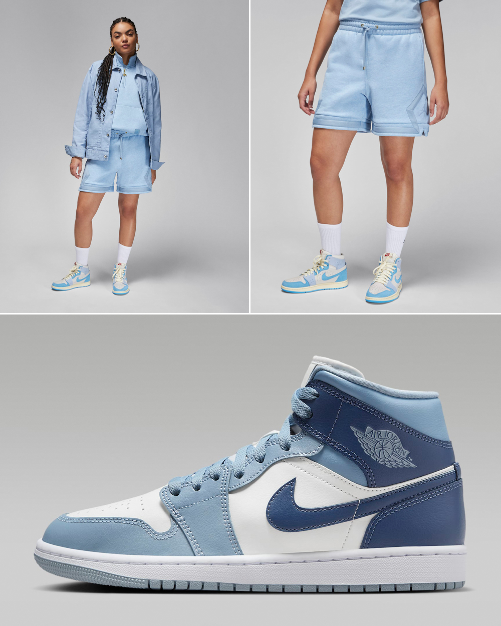 Air-Jordan-1-Mid-Womens-Blue-Grey-Shorts-Matching-Outfit