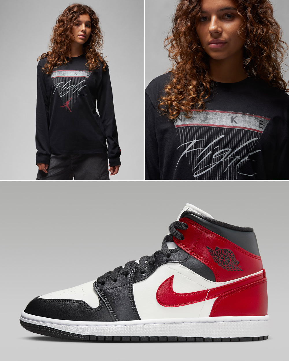 Air-Jordan-1-Mid-Womens-Sail-Off-Noir-Gym-Red-Long-Sleeve-T-Shirt-Matching-Outfit