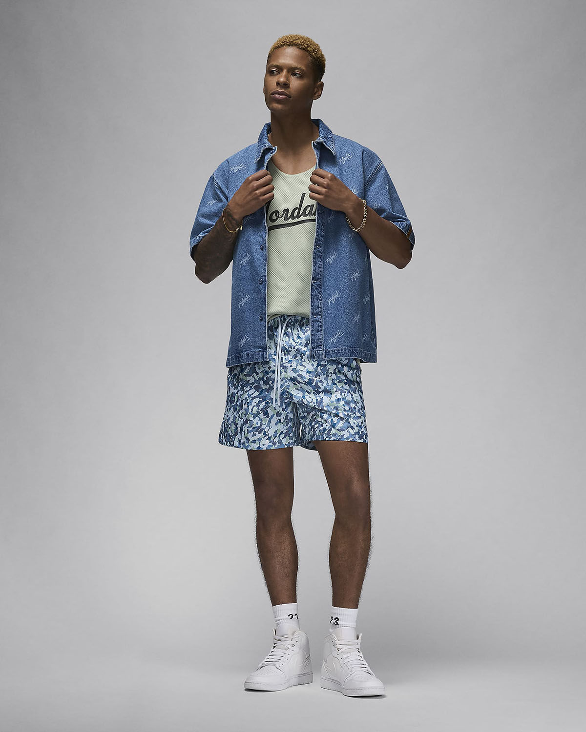 jordan Yard Essentials Printed Poolside Shorts Industrial Blue Outfit
