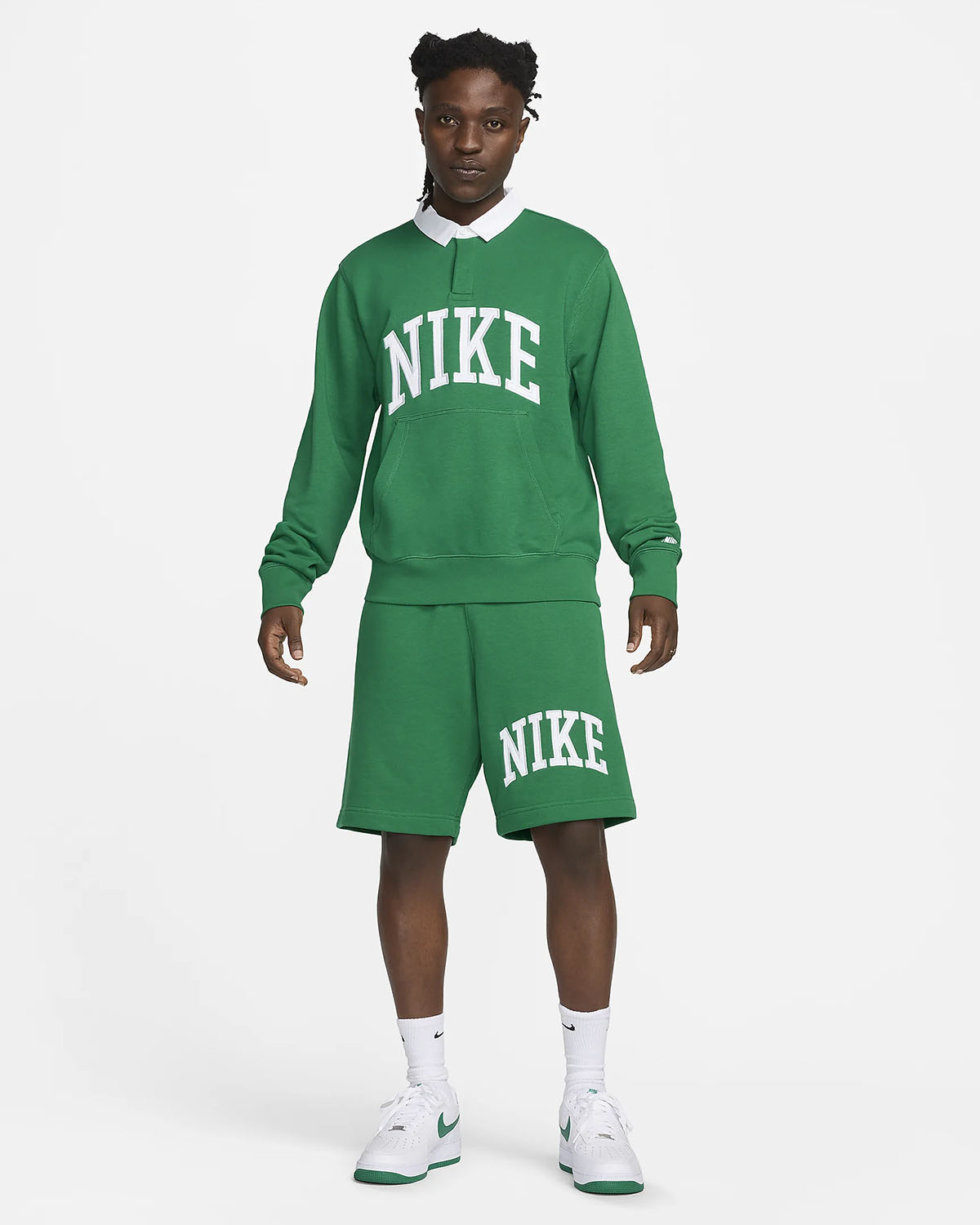 Nike Club Fleece Long Sleeve Polo Shirt Shorts Malachite Green Outfit