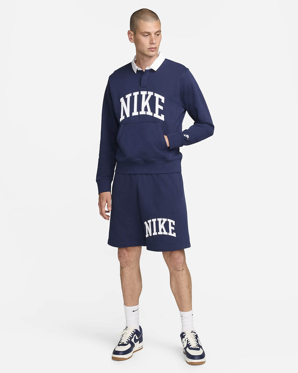 Nike Club Fleece Mens Long Sleeve Polo Shirt and Shorts Midnight Navy