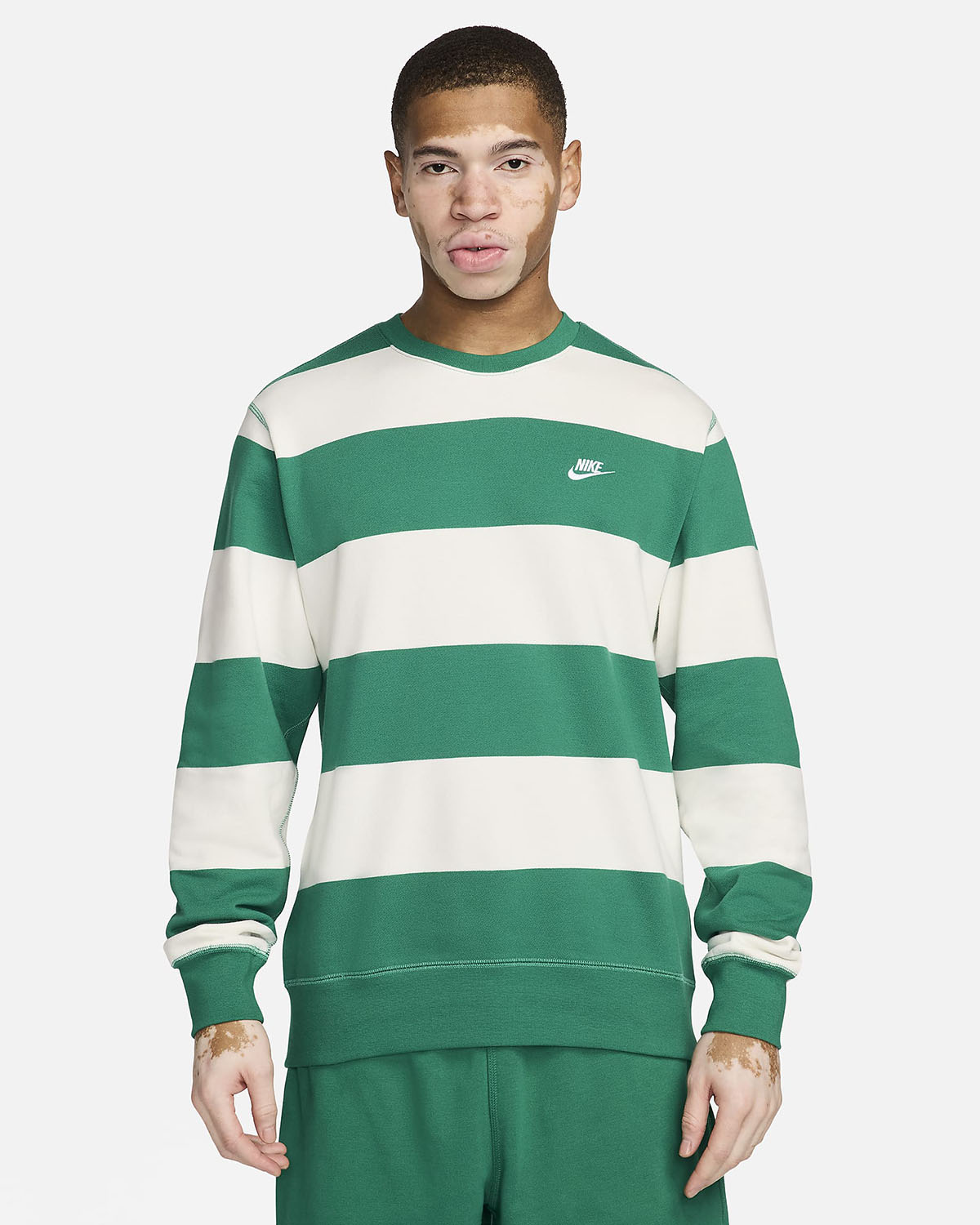 Nike Club Fleece Striped Crew Sweatshirt Malachite Green Sail