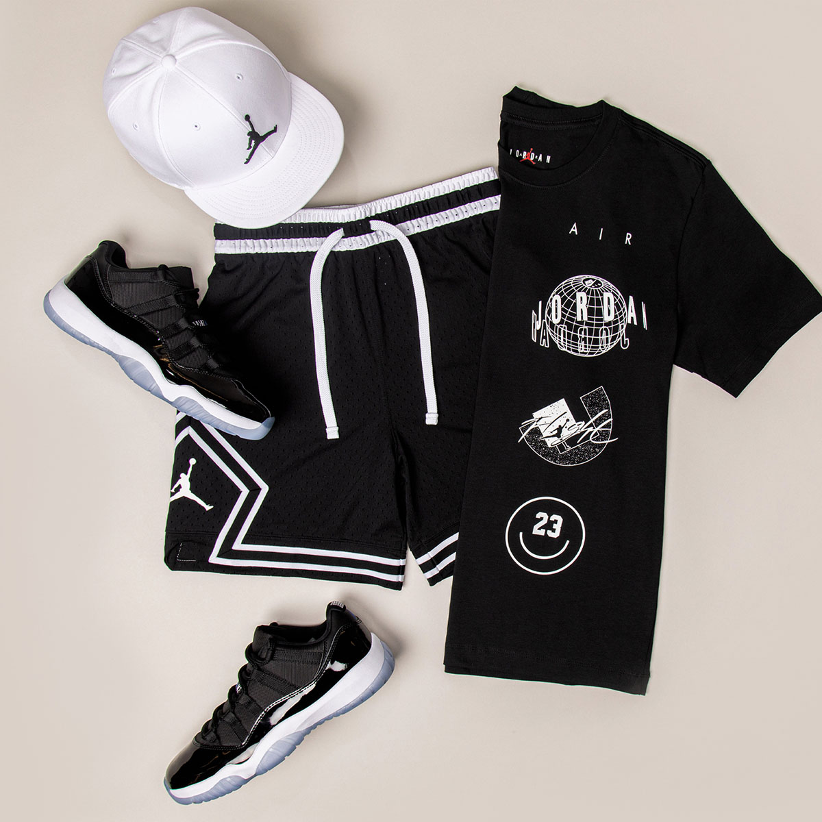 Air Jordan 11 Low Space Jam Black White Hat Shirt Shorts Outfit 1