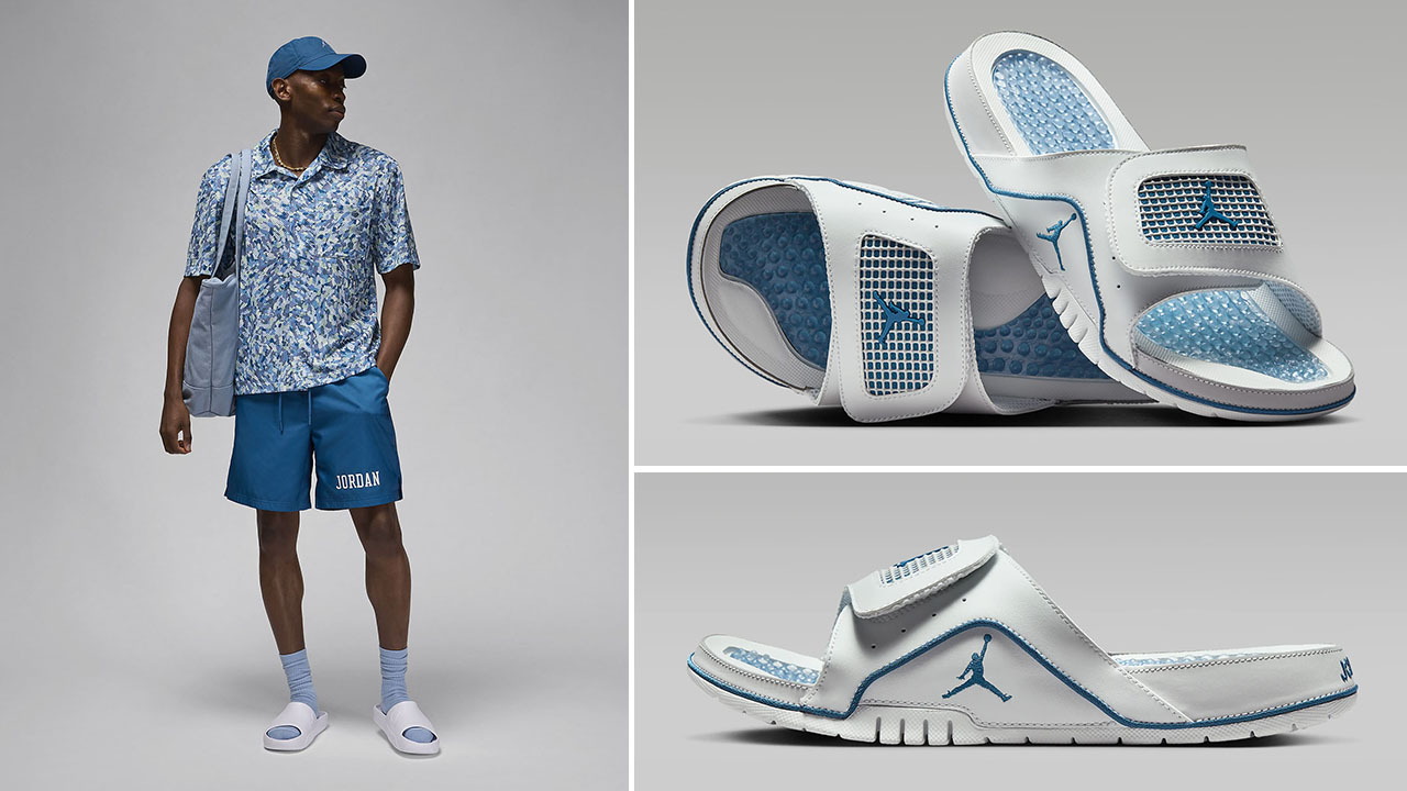 Jordan Hydro 4 Slides Industrial Blue Outfits Shirts Shorts Clothing