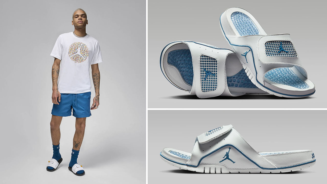 Jordan Hydro 4 Slides Industrial Blue Shirt Shorts Outfit