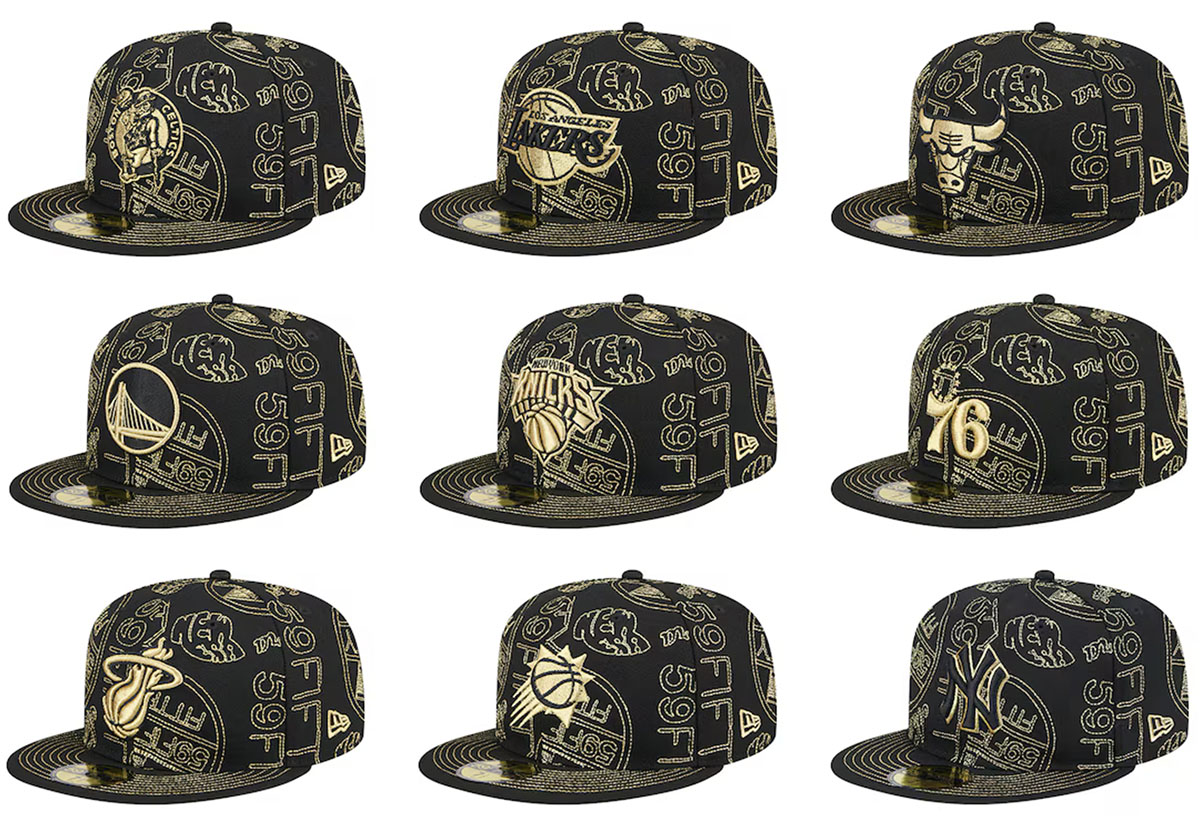 New Era 59fifty Day Allover Print Stencil Fitted Hats Black Gold