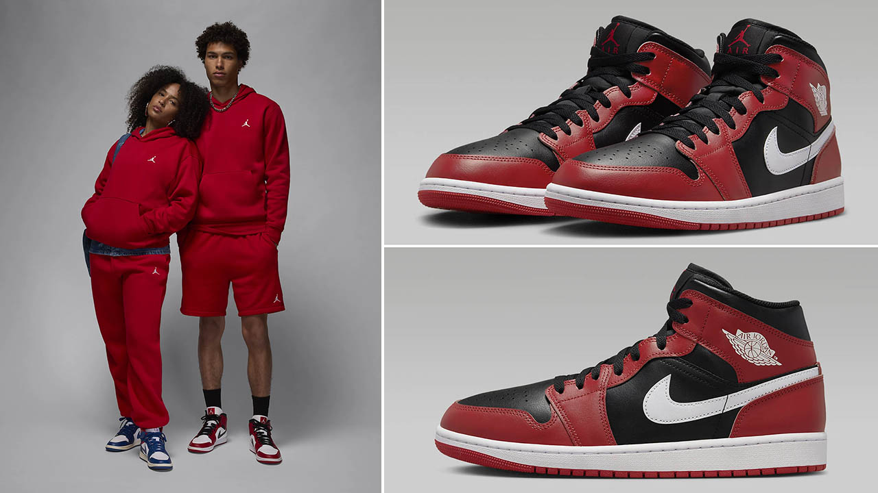 Air Jordan 1 Mid Black Gym Red White Clothing Outfits