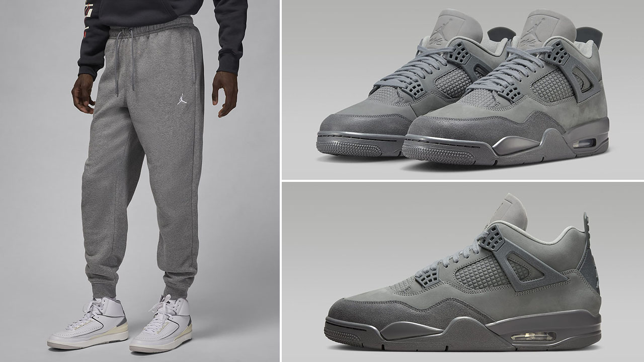NIKE AIR JORDAN 4 RETRO OG BRED BLACK CEMENT GREY-SUMMIT WHITE-FIRE RED Wet Cement Fleece Pants Matching Outfit