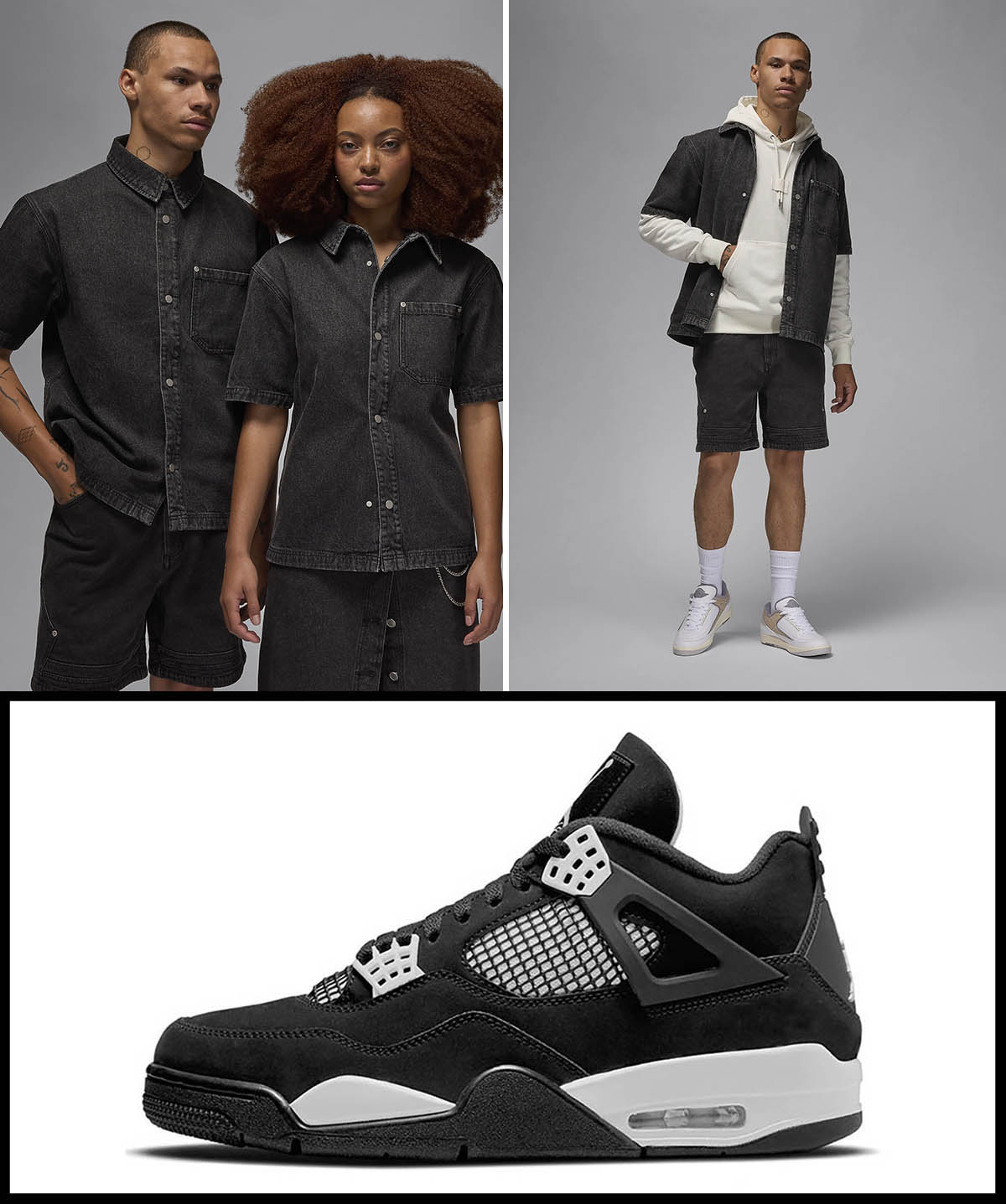 Air Jordan 4 White Thunder Black Denim Shirt Shorts Clothing