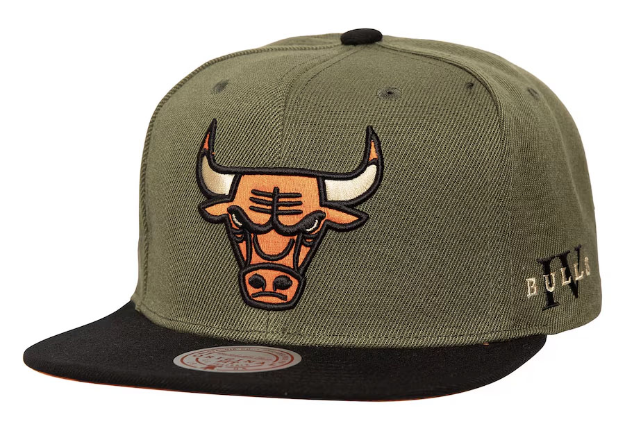 Chicago Bulls Mitchell and Ness Air Jordan 4 Undefeated Olive Sneaker Hook Snapback Hat 1