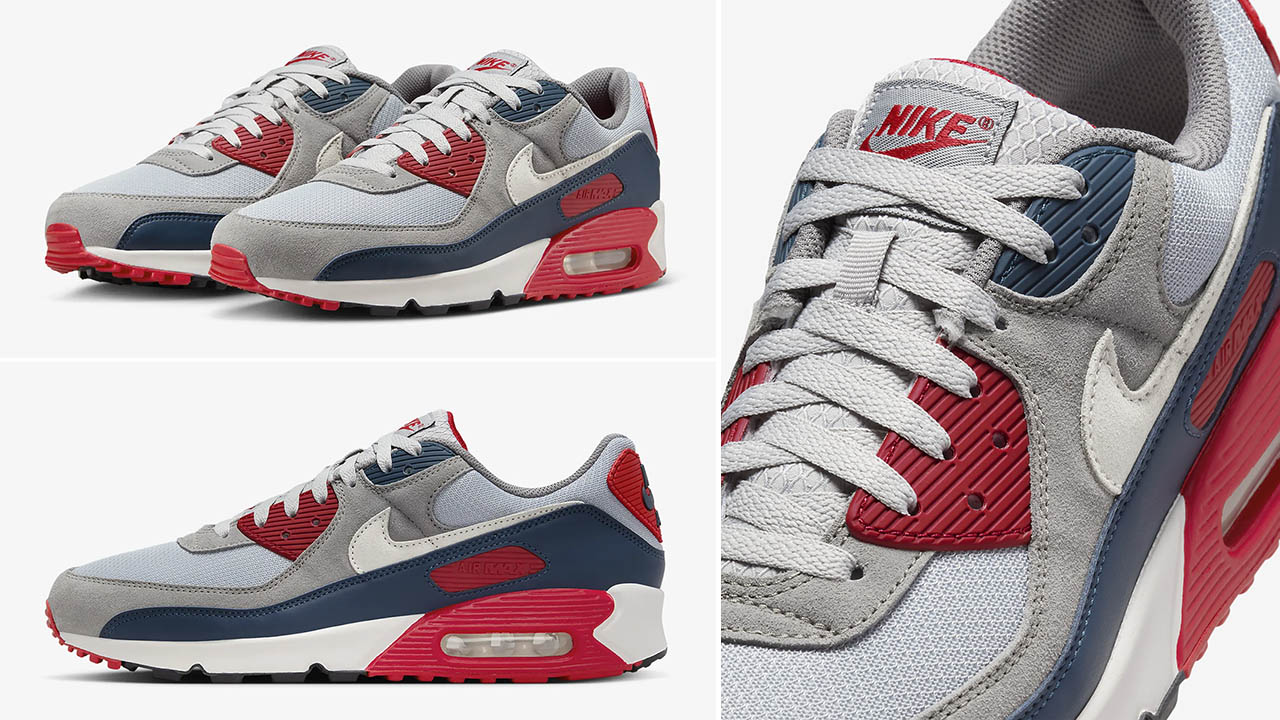 Nike Air Max 90 Light Smoke Grey Armory Navy Fire Red Sneakers