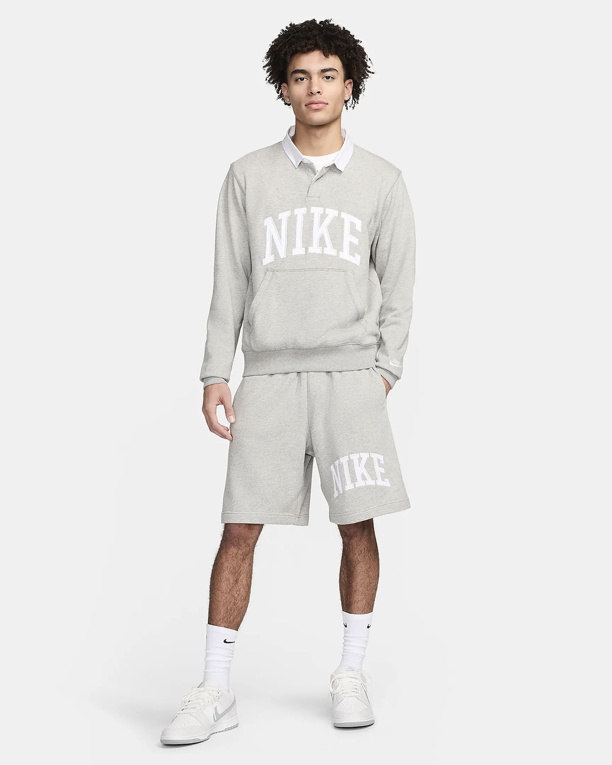 Nike Club Fleece Long Sleeve Polo Shirt Grey White 0