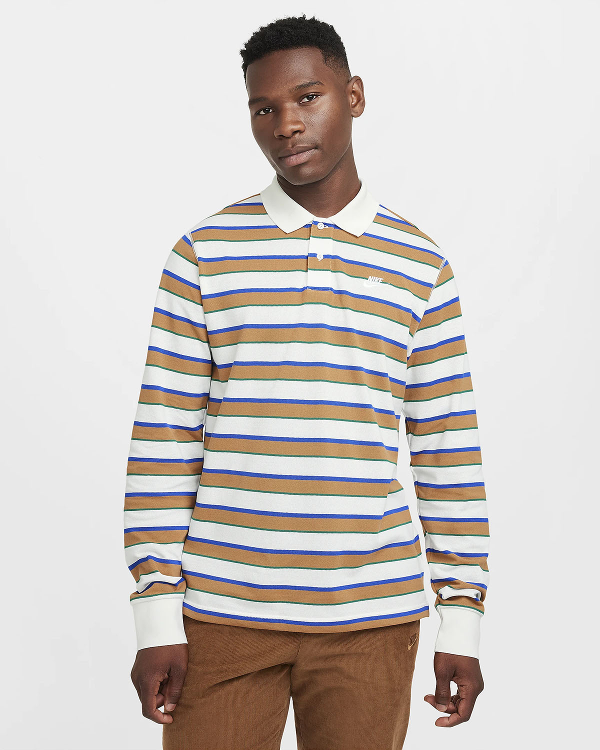 Nike Club Long Sleeve Striped Polo Shirt Sail Flax White Game Royal