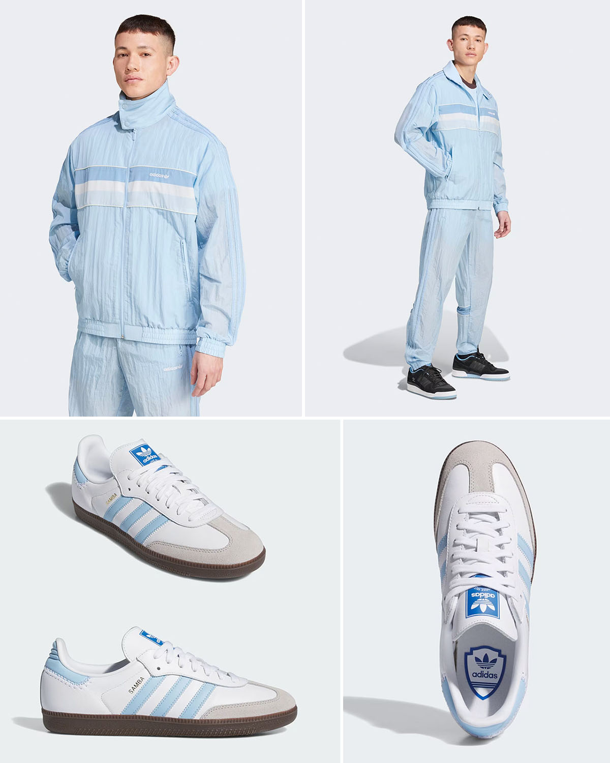 adidas Samba Cloud White Clear Sky Blue Jacket Pants Outfit Match