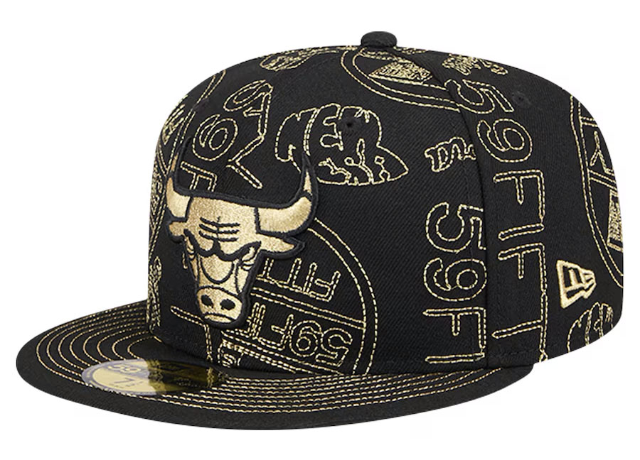 Chicago Bulls New Era Day 59FIFTY Allover Print Fitted Hat Black Gold 1