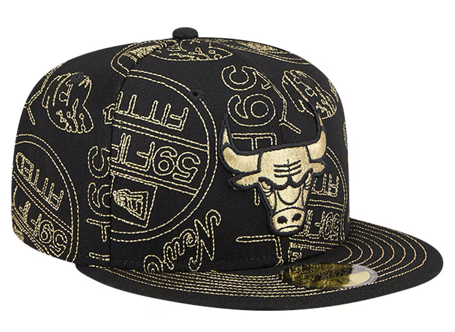 Chicago Bulls New Era Day 59FIFTY Allover Print Fitted Hat Black Gold 2