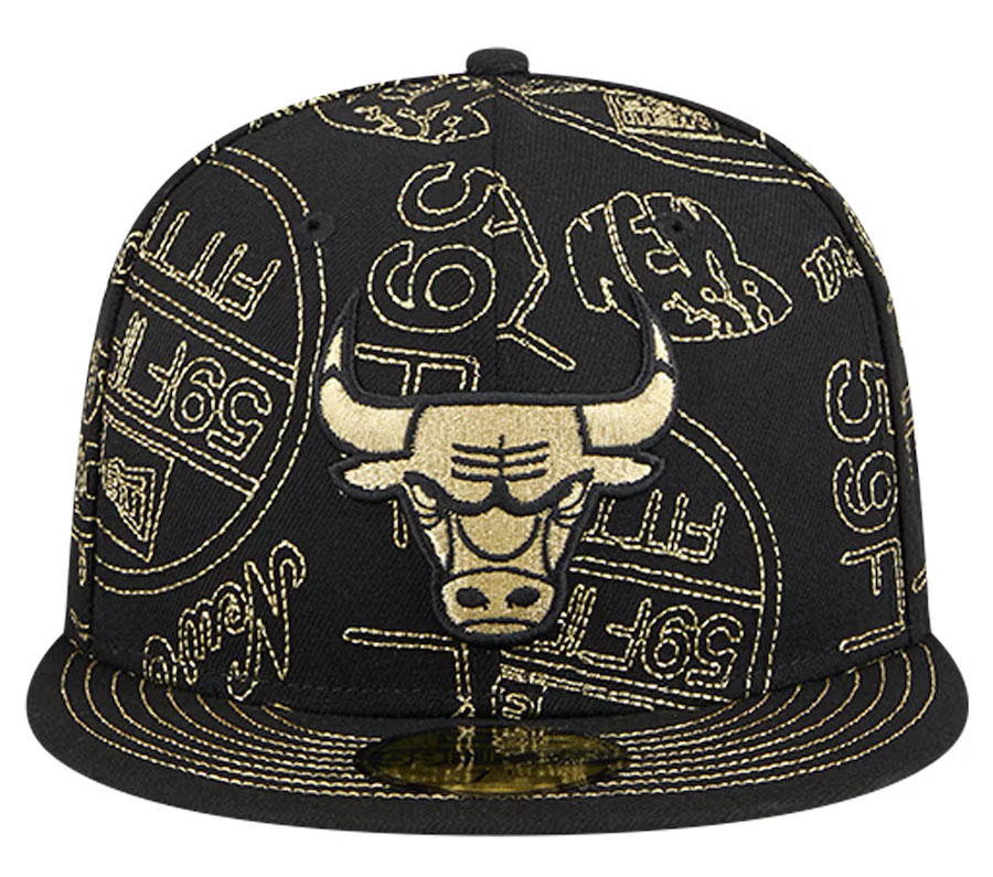 Chicago Bulls New Era Day 59FIFTY Allover Print Fitted Hat Black Gold 3