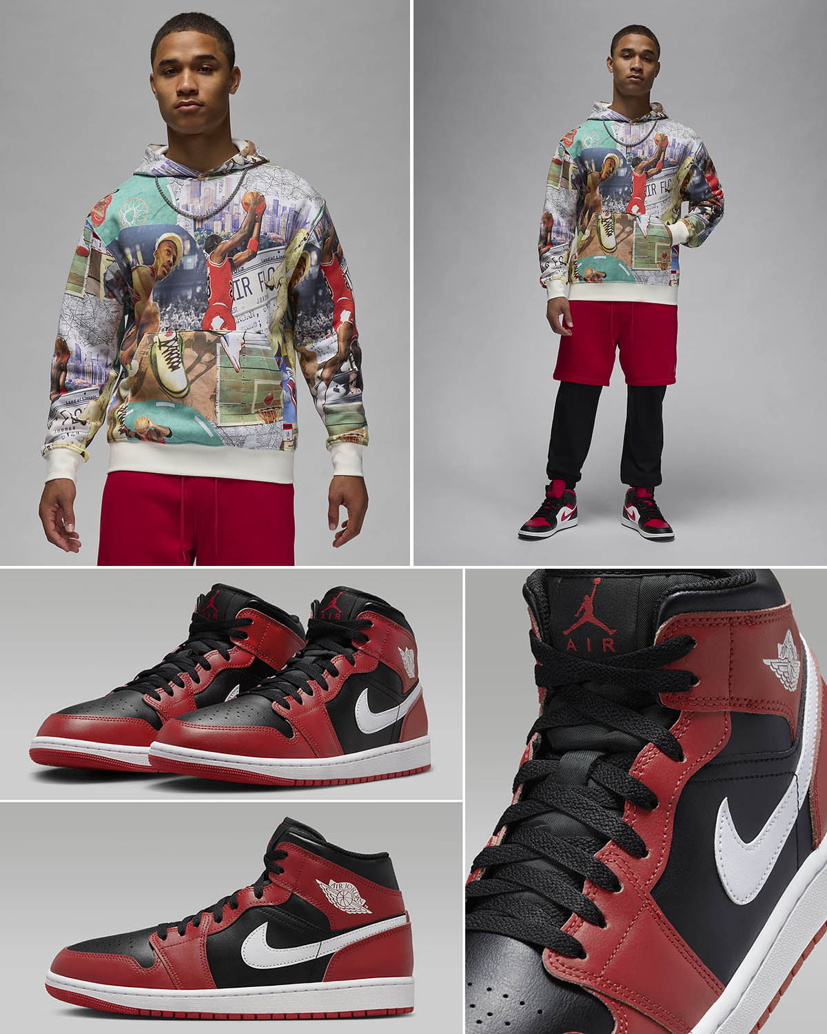 Air Jordan 1 Mid Black Gym Red Printed Hoodie Outfit Match