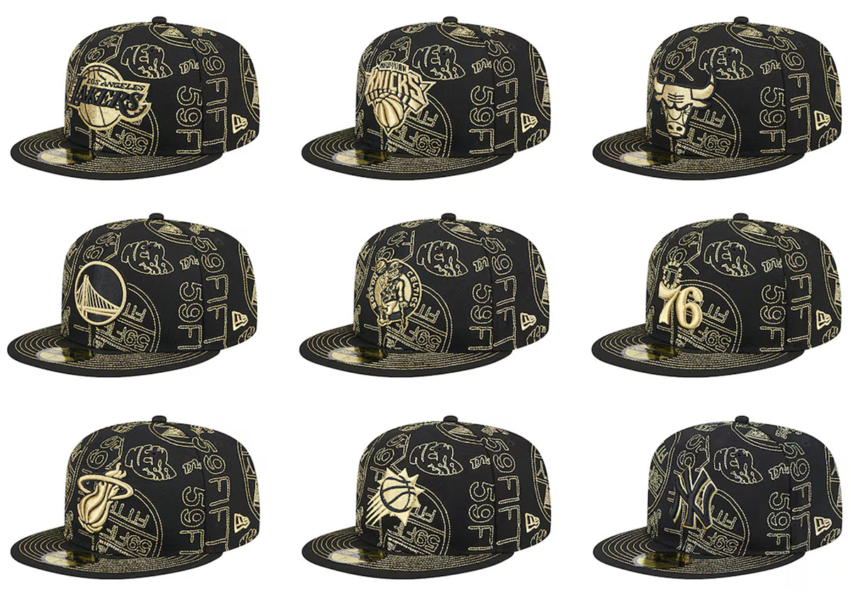 New Era Day 59FIFTY Allover Print Fitted Hats Black Gold