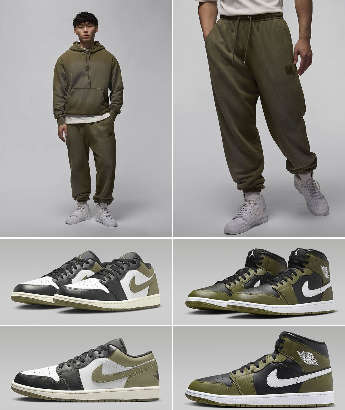 Air Jordan 1 Low Mid Medium Olive Flight Fleece Pants Outfit to Match Sneakers