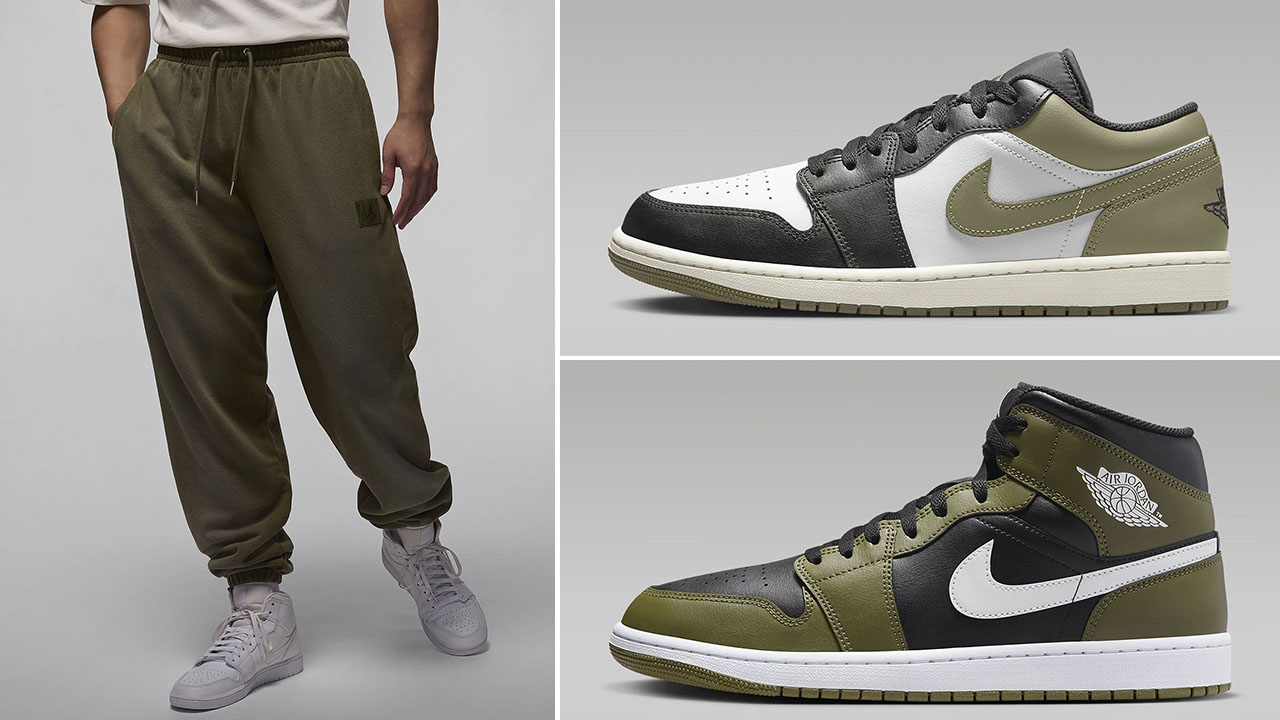 Air Jordan 1 Low Mid Medium Olive Flight Fleece Pants Outfit